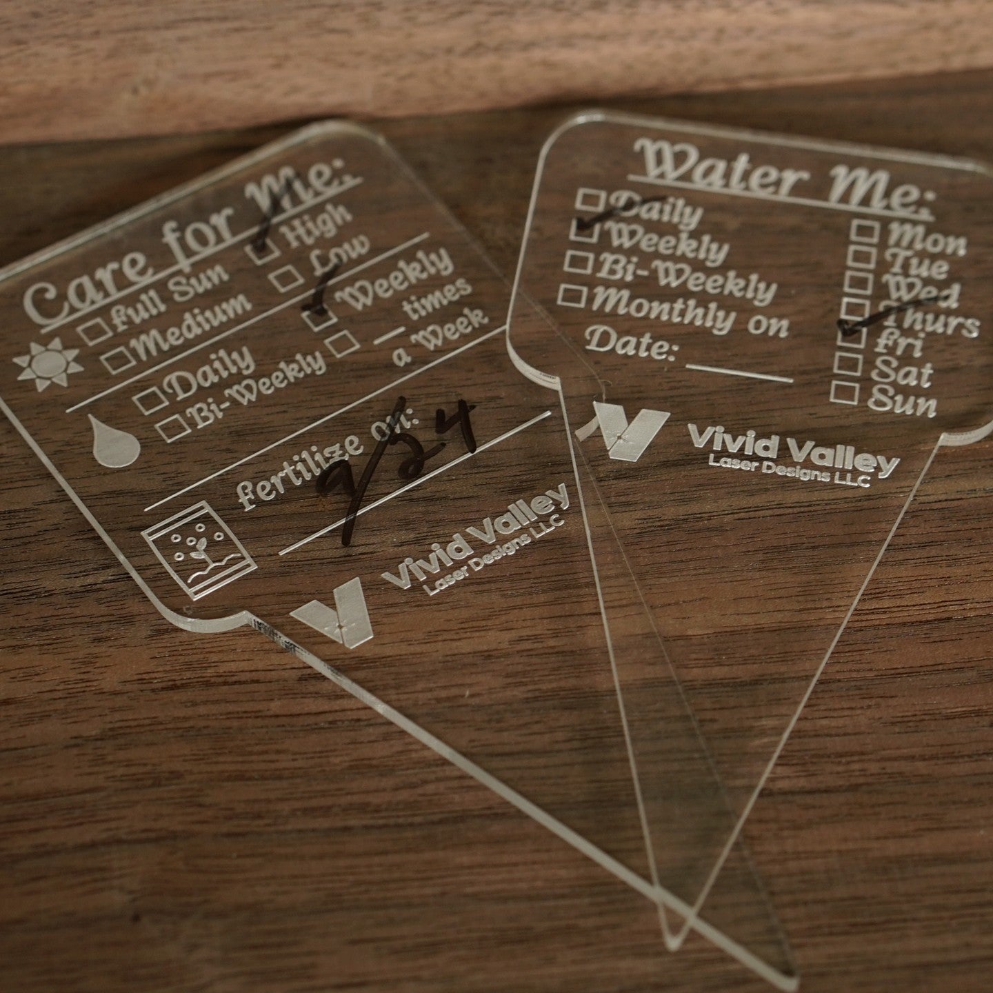 Care for me and Water me acrylic plant stakes with wet erase marker to select options for a plant they were used for